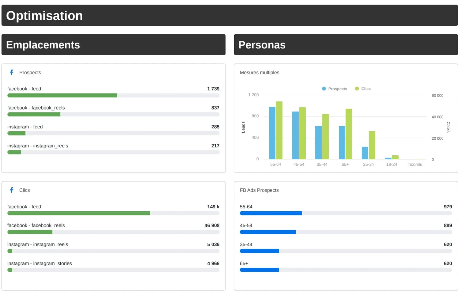 Optimisation par emplacement (feed, reels, stories) et par persona : les 45-64 ans concentrent les prospects.