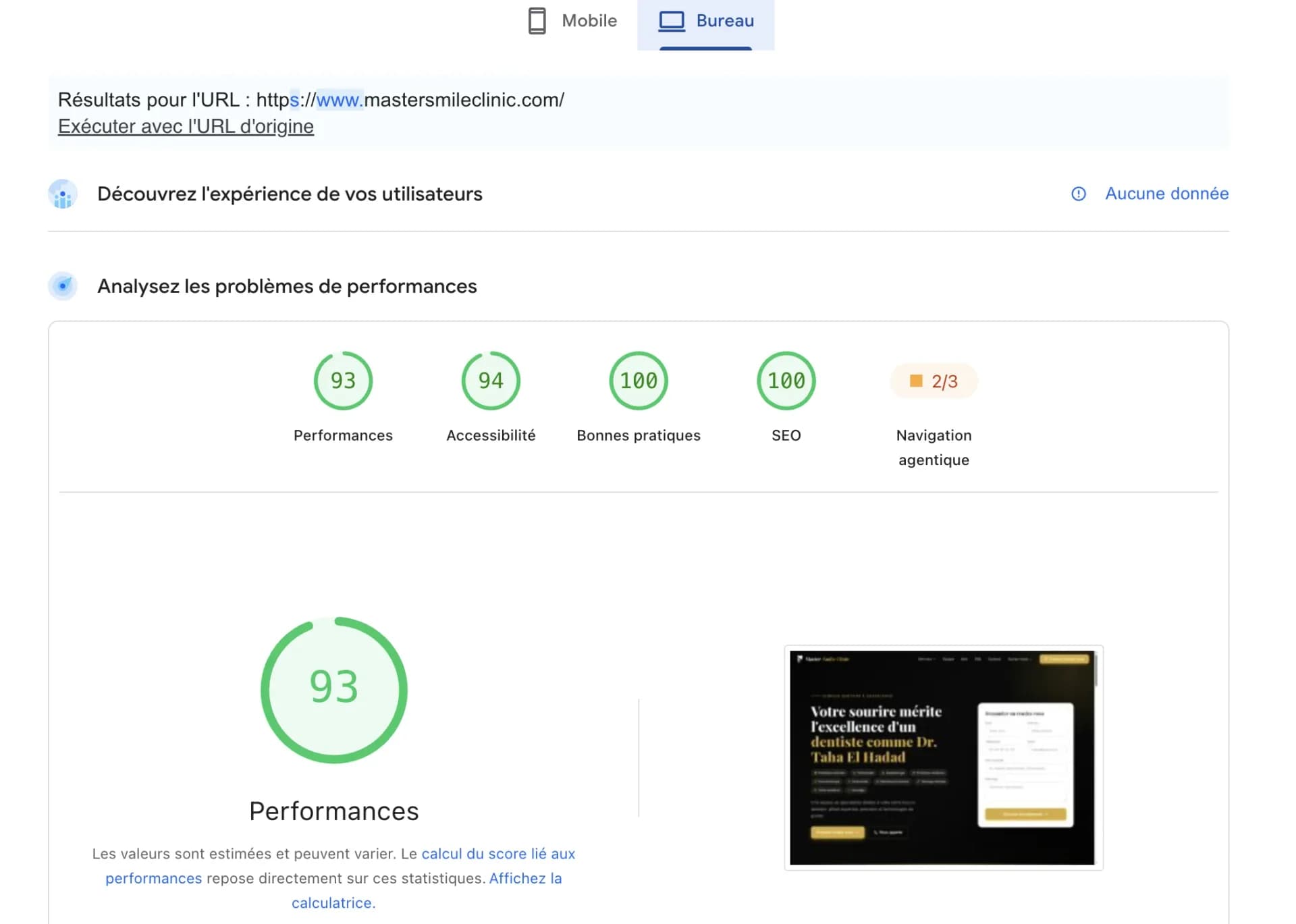 Scores techniques du site : 93 performance, 94 accessibilité, 100 bonnes pratiques, 100 SEO.