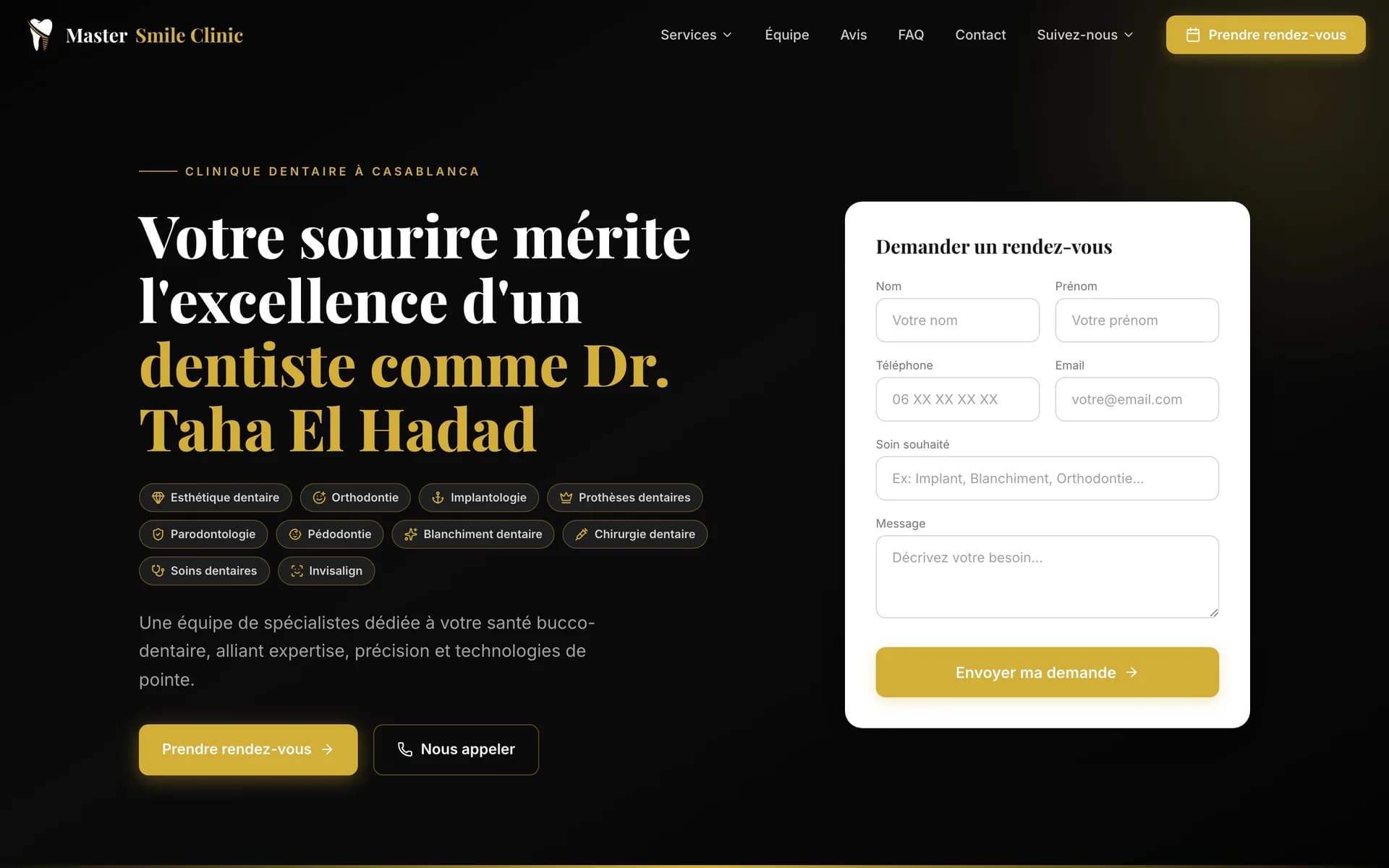 Le site premium créé sur-mesure : prise de rendez-vous en vedette, services et équipe.